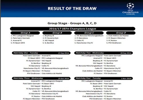 Telecharger Calendrier Officiel Ligue Des Champions 2016 (Phase de groupes)